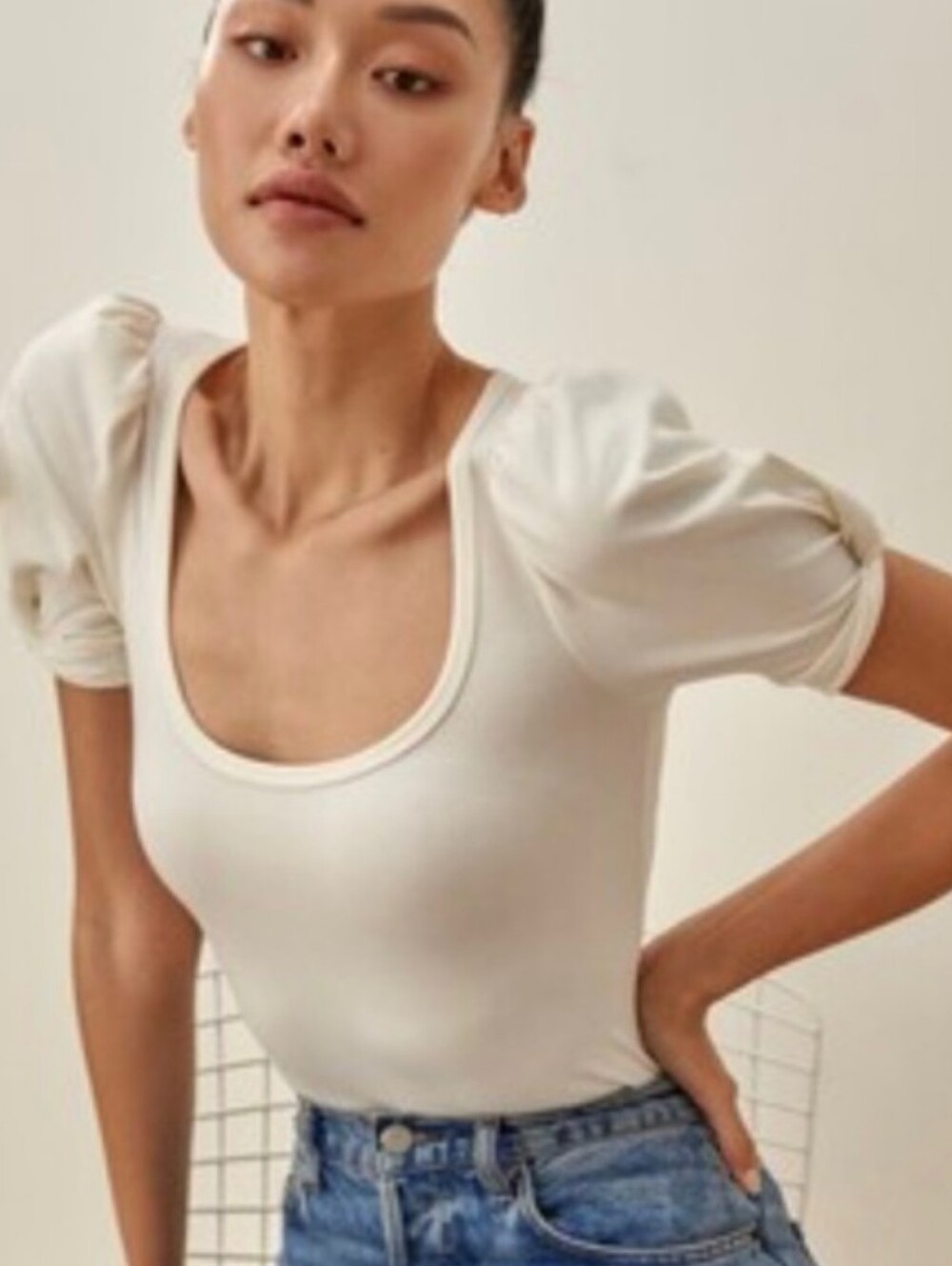 Reformation Frances Knit Top Ivory Short Puff Twist Sleeve Scoop Neck S